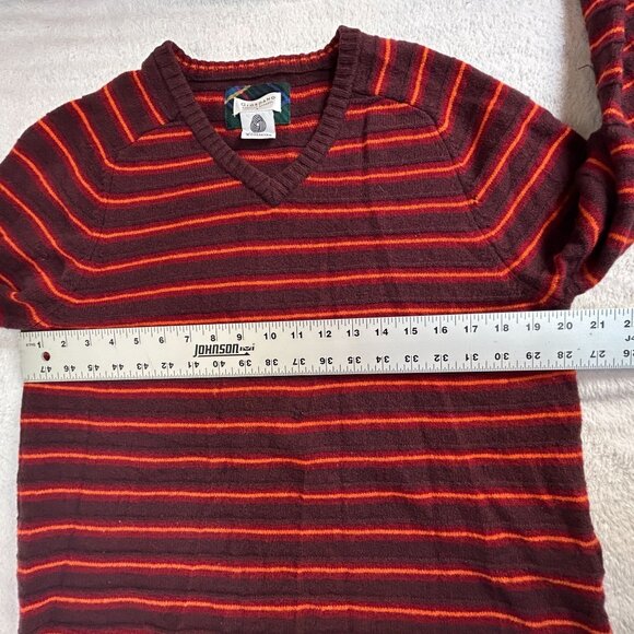 Giordano Mens Pure New Wool V-Neck Sweater Red & Orange Striped Large Pullover - Picture 6 of 7